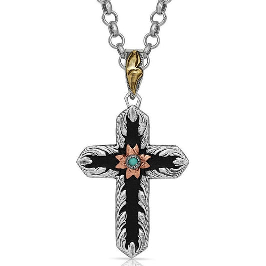Antiqued Two Tone Radiating Cross Necklace