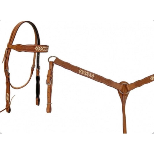 Rugged Ride Basketweave Tooled Headstall And Breastcollar Set With Rawhide Accents