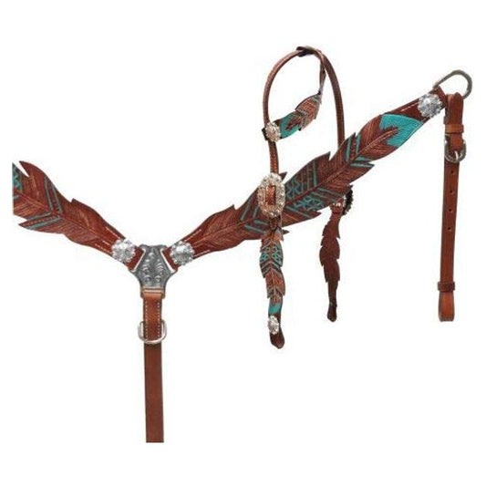 Showman Cut-Out Teal Painted Feather Headstall, Breast Collar, Reins Set.