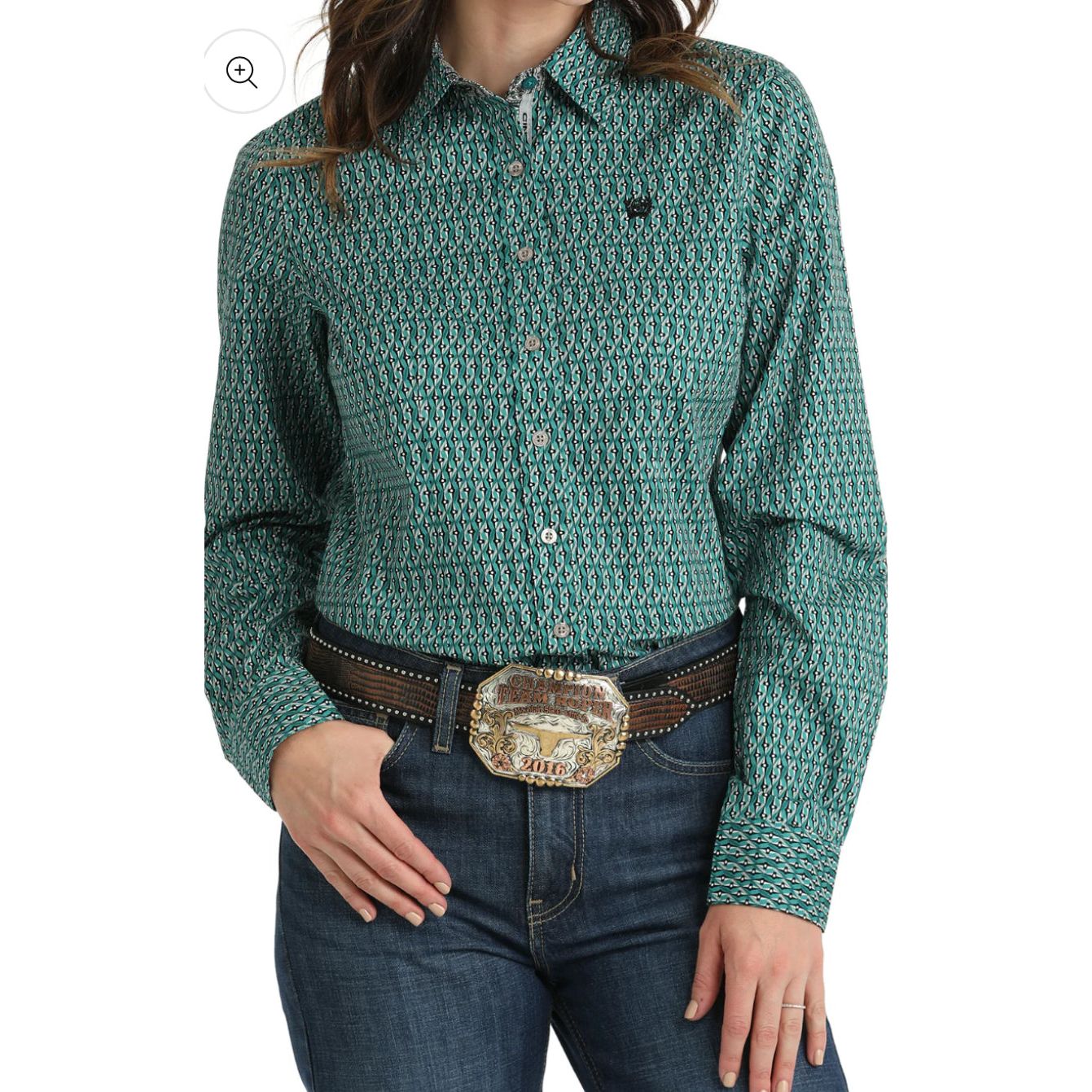 Cinch Women's Teal Vertical Print Button Long Sleeve Western Shirt