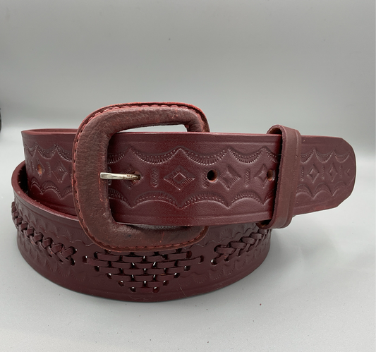 Ladies- BELT 1.5”  Burgundy Leather with woven lacing