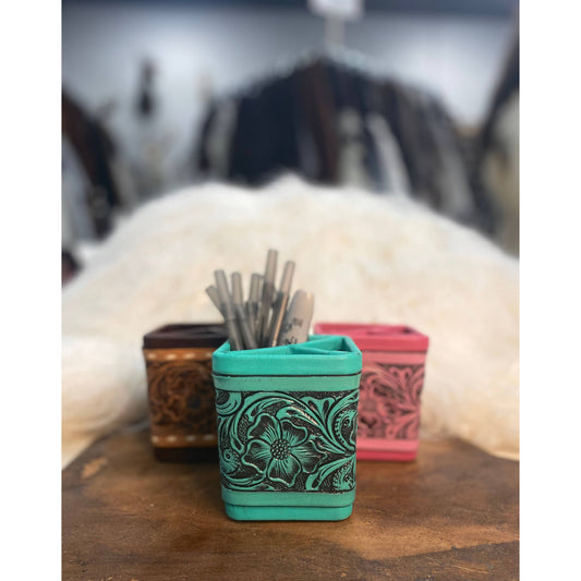 Turquoise Tooled Leather Pencil Holder