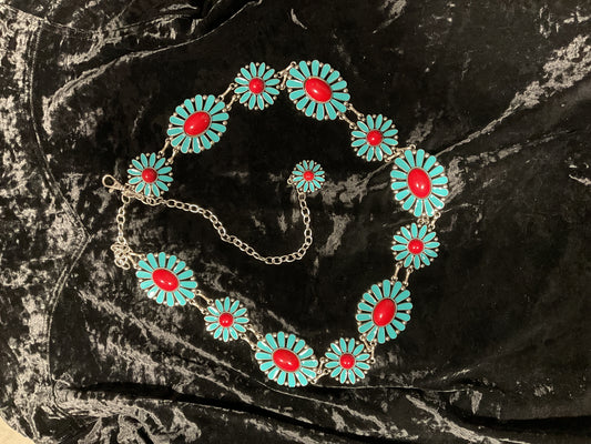 Ladies Belt Red & Turquoise Concho