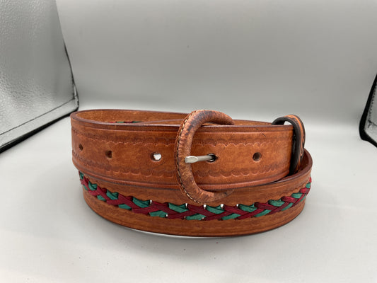 Ladies- BELT 1.5”  Whiskey Coloured, Stamped Leather with Burgundy and Turquoise woven lacing