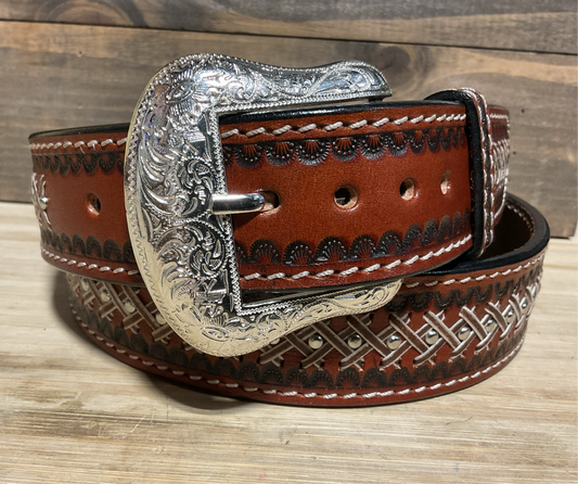 Twisted X Men’s Belt- whiskey colored leather, stamped, cross laced with studs XBT1129