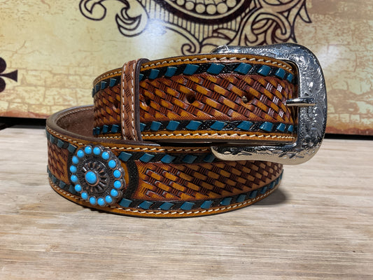 Twisted X Men’s Belt- Basket weave stamped, blue whip-stitch, blue concho X-9040