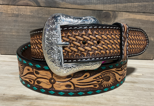 Twisted X Men’s Belt-  Floral tooled and Basket wave stamped with green whipstiching XBT1173