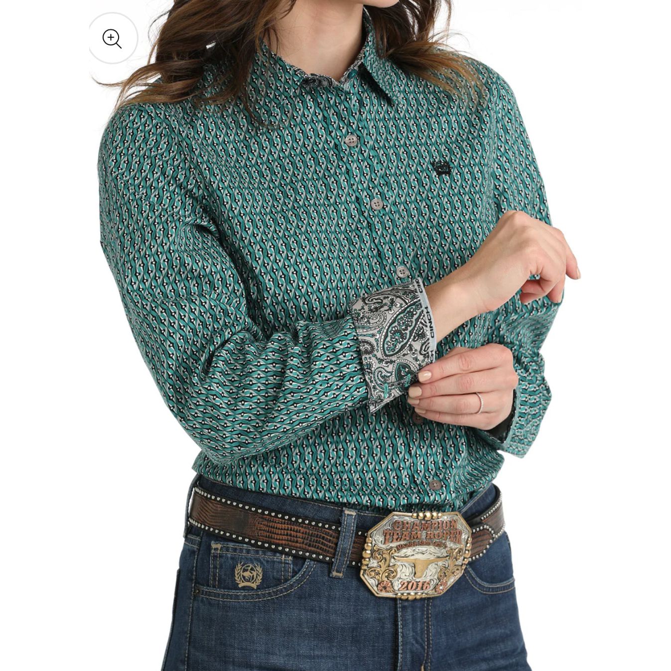 Cinch Women's Teal Vertical Print Button Long Sleeve Western Shirt