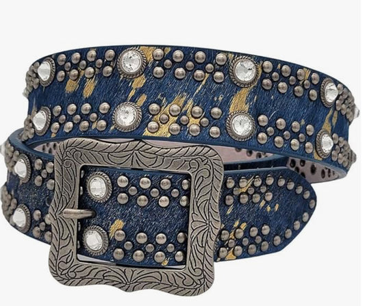 BHW Ladies- BELT 1.5” Blue or Cream Calf Hair with gold flecks studs and rhinestones 323