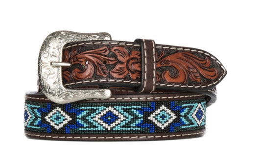 Twisted X Men’s Belt- “The Blues” tooled with beaded blue aztec patern XIBB-101