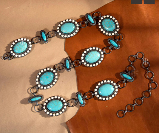 Rustic Couture Ladies Belt Western oval Stone Concho Link Chain Turquoise CB-1005WT/TQ