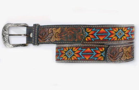 Twisted X Men’s Belt- tooled and beaded orange, red, yellow, blue XIBB100