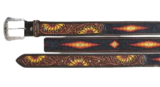 Twisted X Men’s Belt- Bead Inlay belt tooled and painted sunflower XB-3027