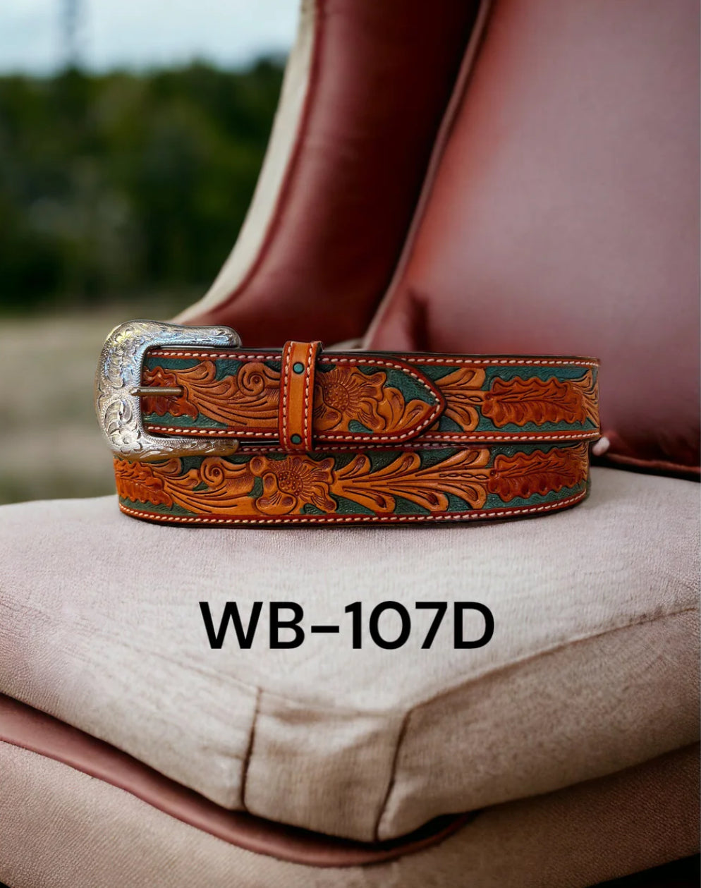 Ranger Belt Company Belt MEN’s - leather, hand tooled floral teal WB-107D