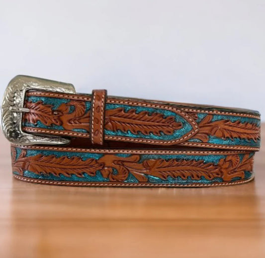 Twisted X Men’s Belt- Leaf Tooled, Hand Painted Metalic Turquoise X-1037