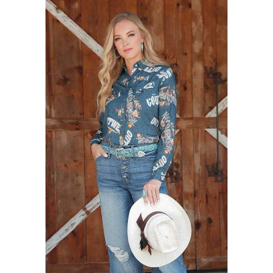 Cruel Denim Women's Long Sleeve Country Print Western Shirt