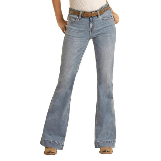 ROCK & ROLL WOMEN'S MID RISE RELAXED FIT TROUSER JEANS - LIGHT WASH #BW5MD03578